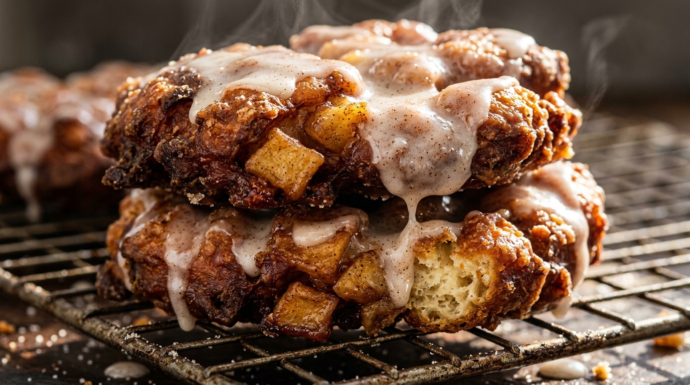 Ultra close-up macro view of crispy old-fashioned apple fritters stacked on wire rack with translucent vanilla cider glaze dripping down