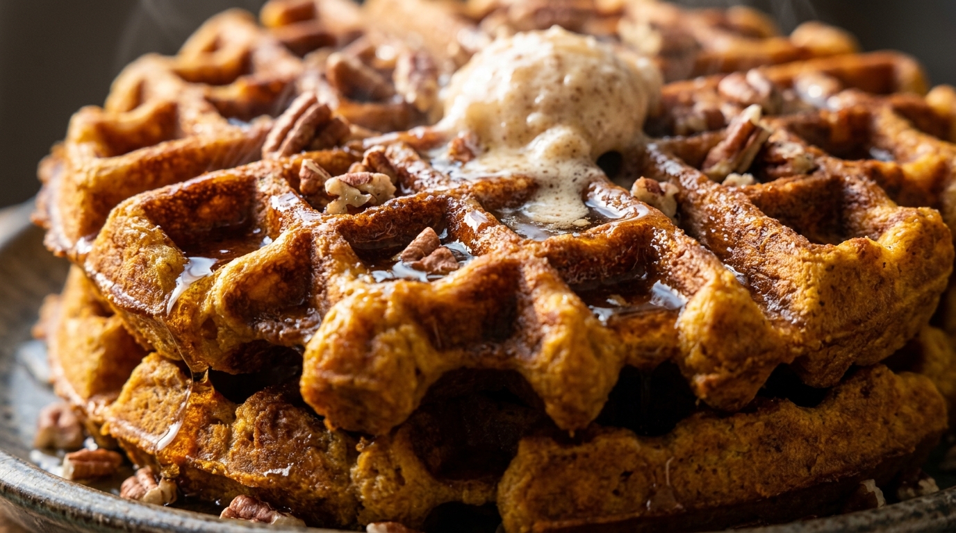 Ultra close-up macro view of towering golden pumpkin Belgian waffles with melting cinnamon butter and dripping maple syrup