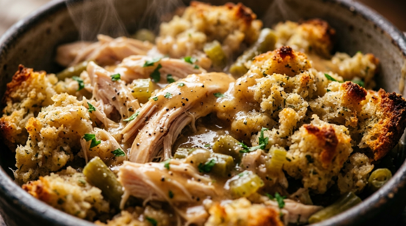 Ultra close-up macro of creamy crockpot chicken and stuffing casserole with shredded chicken and fluffy herb stuffing