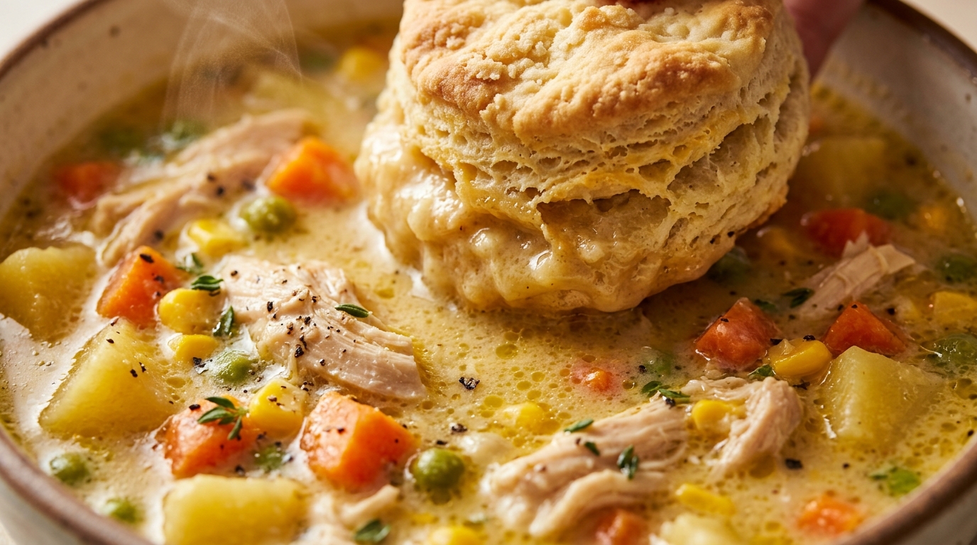 Ultra close-up macro view of velvety crockpot chicken pot pie soup loaded with tender chicken, potatoes, and peas with flaky golden biscuit dipping