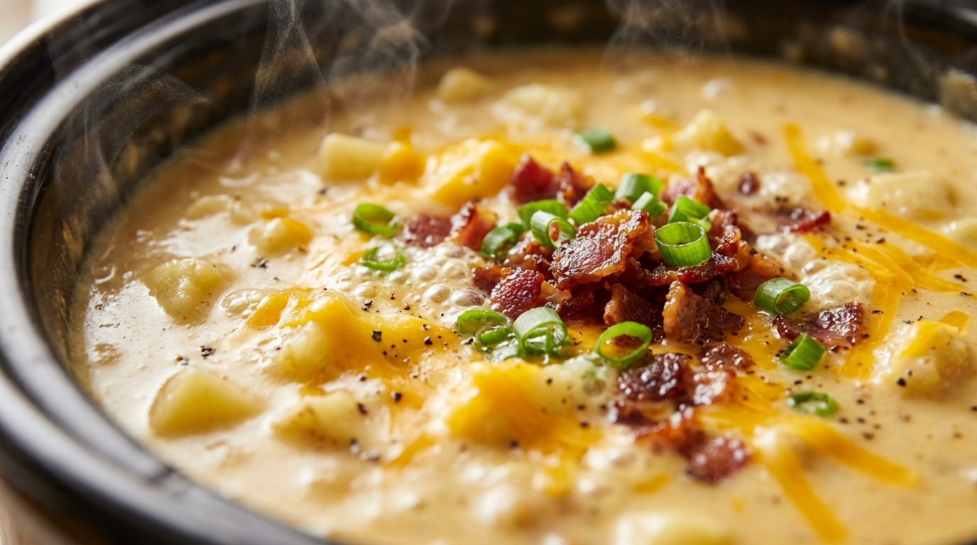 Ultra close-up macro of velvety Loaded Crockpot Potato Soup bubbling hot