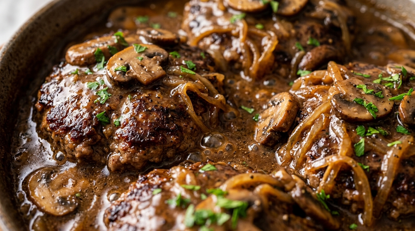 Ultra close-up macro of tender crockpot Salisbury steak patties smothered in glistening mushroom and onion brown gravy