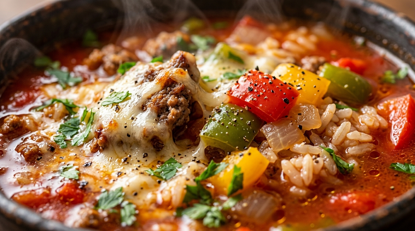 Ultra close-up macro of steaming crockpot stuffed pepper soup with ground beef, vibrant bell peppers, fluffy rice, and melted cheese