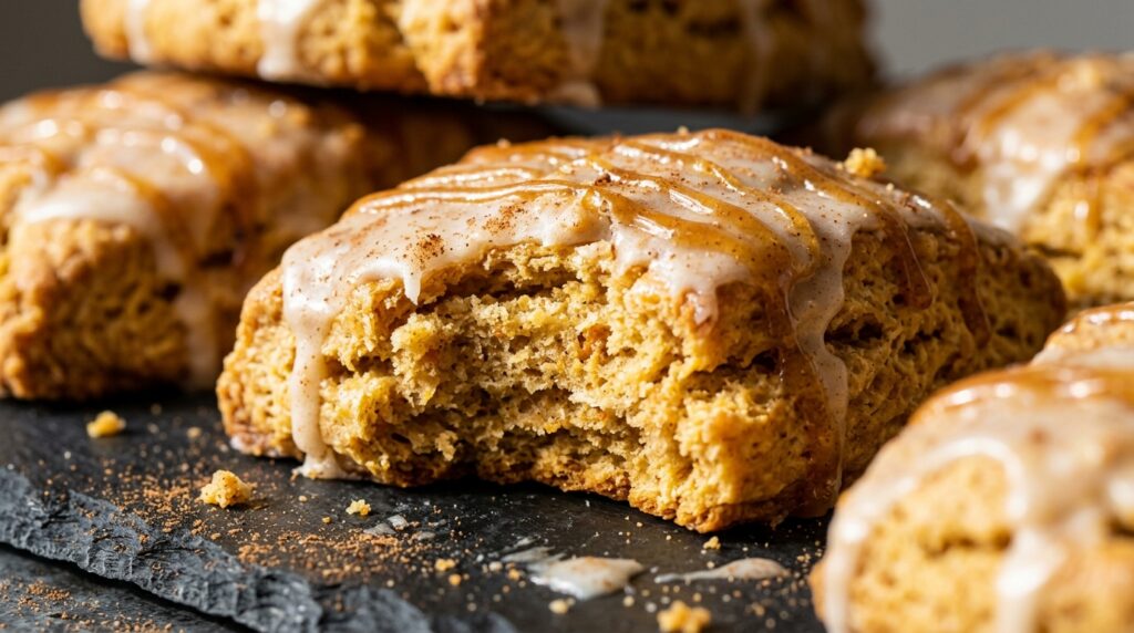 Ultra close-up macro view of bakery-style glazed pumpkin scones showing flaky layers, sweet vanilla icing, and spiced drizzle
