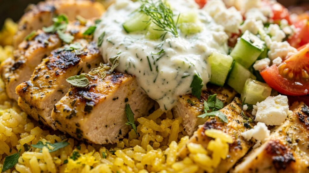 Ultra close-up macro of Mediterranean Lemon Garlic Chicken Rice Bowl with charred chicken, golden turmeric rice, tzatziki, and feta
