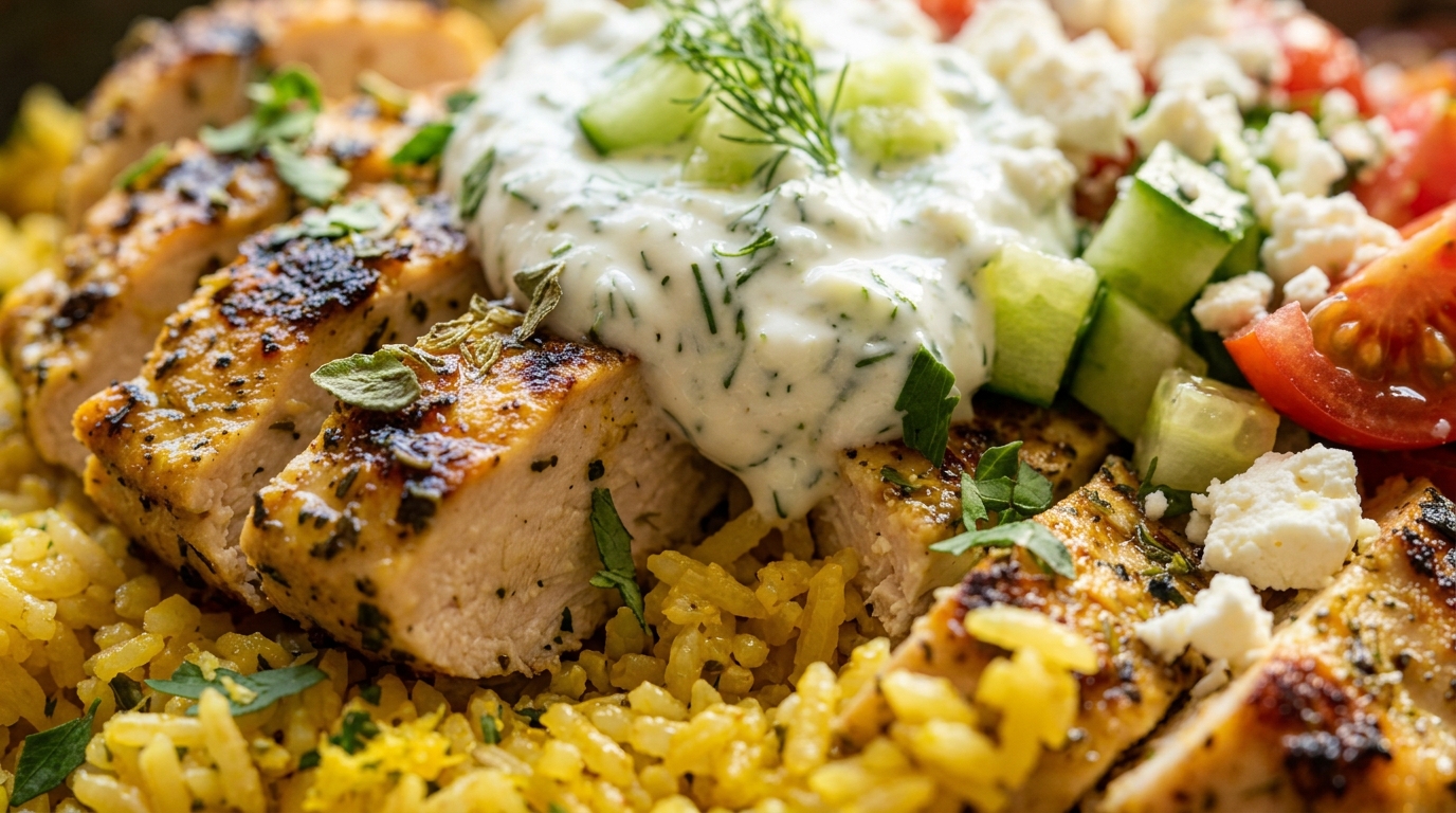 Ultra close-up macro of Mediterranean Lemon Garlic Chicken Rice Bowl with charred chicken, golden turmeric rice, tzatziki, and feta