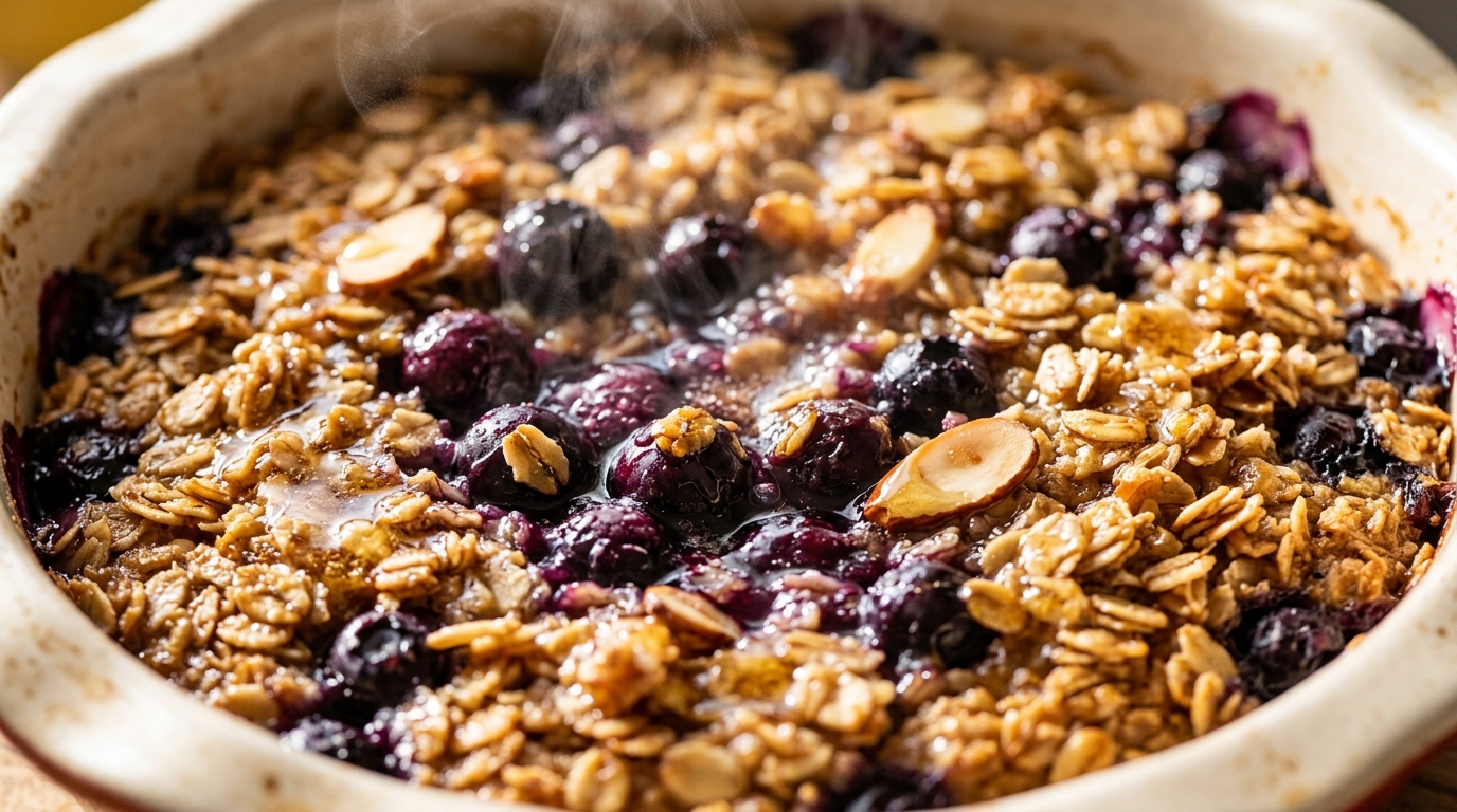 Ultra close-up macro of golden lemon blueberry baked oatmeal fresh from oven with bursting berries and maple glaze
