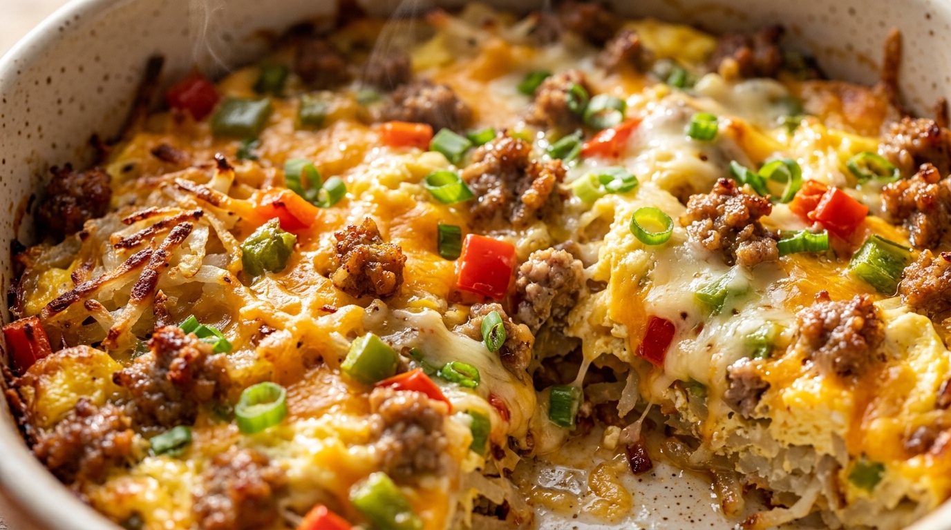 Ultra close-up macro of golden bubbling loaded hashbrown breakfast casserole with melted cheese and savory sausage