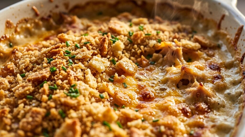 Ultra close-up macro view of bubbling million dollar chicken casserole with golden buttery Ritz cracker crumb topping