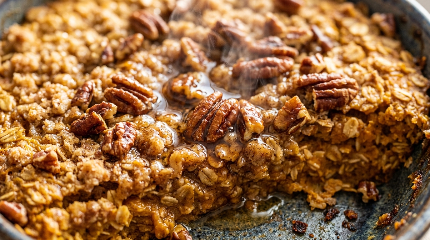 Ultra close-up macro documentary food photograph of warm cozy maple pecan pumpkin baked oatmeal with toasted pecan streusel and maple drizzle
