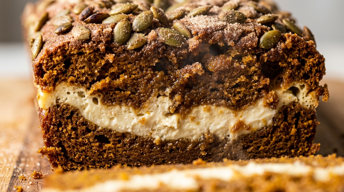Ultra close-up macro view of sliced super moist pumpkin cream cheese bread showcasing luscious cheesecake swirl and roasted pepitas