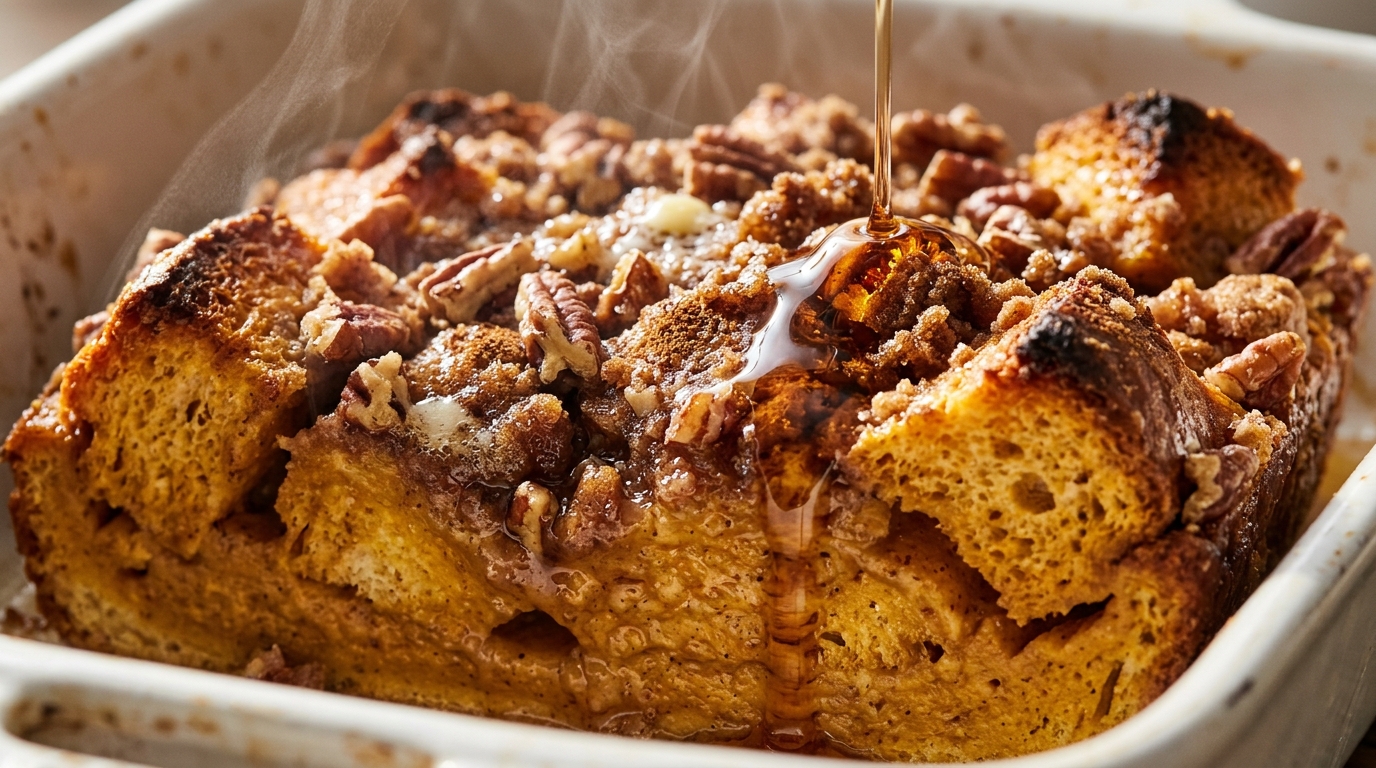 Ultra close-up macro of warm baked pumpkin French toast casserole with pillowy brioche, crunchy pecan streusel, and maple syrup