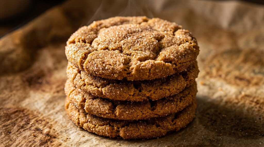Ultra close-up macro of stacked Soft and Chewy Pumpkin Snickerdoodle Cookies with crinkly cinnamon sugar crust