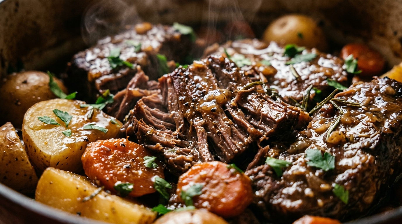 Ultra close-up macro view of succulent shredded beef chuck roast glazed with savory dark herb gravy
